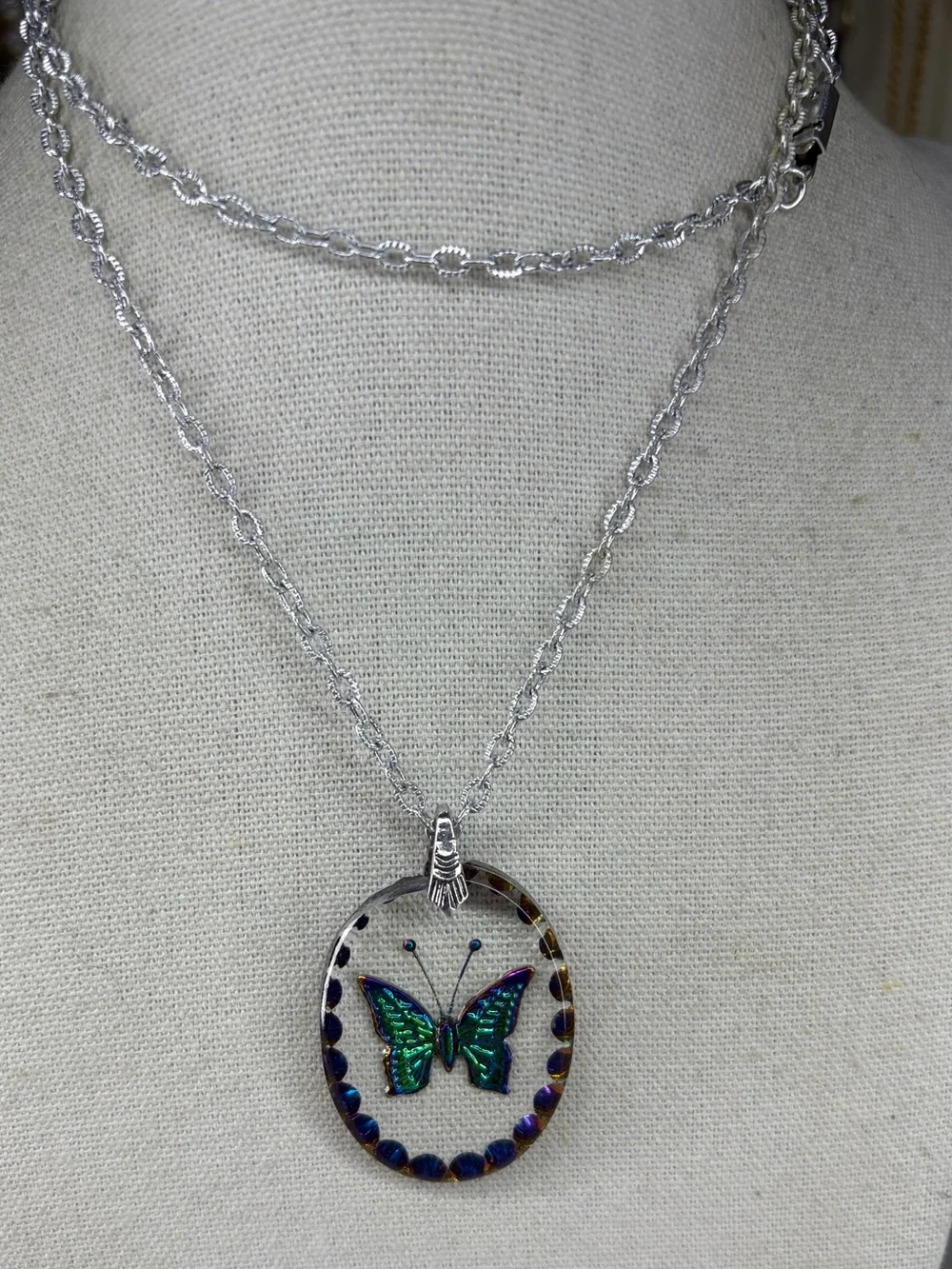 Vintage Hong Kong Cut Glass Iridescent Butterfly Pendant Necklace Aluminum Chain